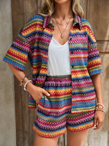 EMERY ROSE Geo Print Drop Shoulder Tee & Shorts Without Cami Top