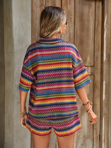 EMERY ROSE Geo Print Drop Shoulder Tee & Shorts Without Cami Top