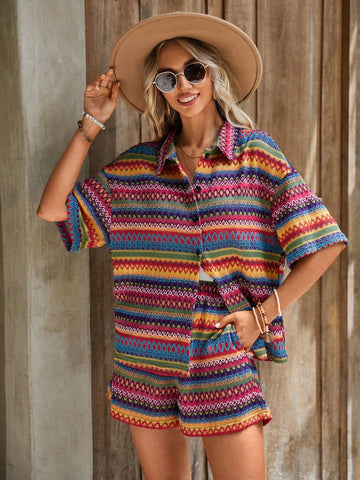 EMERY ROSE Geo Print Drop Shoulder Tee & Shorts Without Cami Top