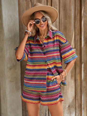 EMERY ROSE Geo Print Drop Shoulder Tee & Shorts Without Cami Top