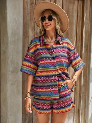 EMERY ROSE Geo Print Drop Shoulder Tee & Shorts Without Cami Top