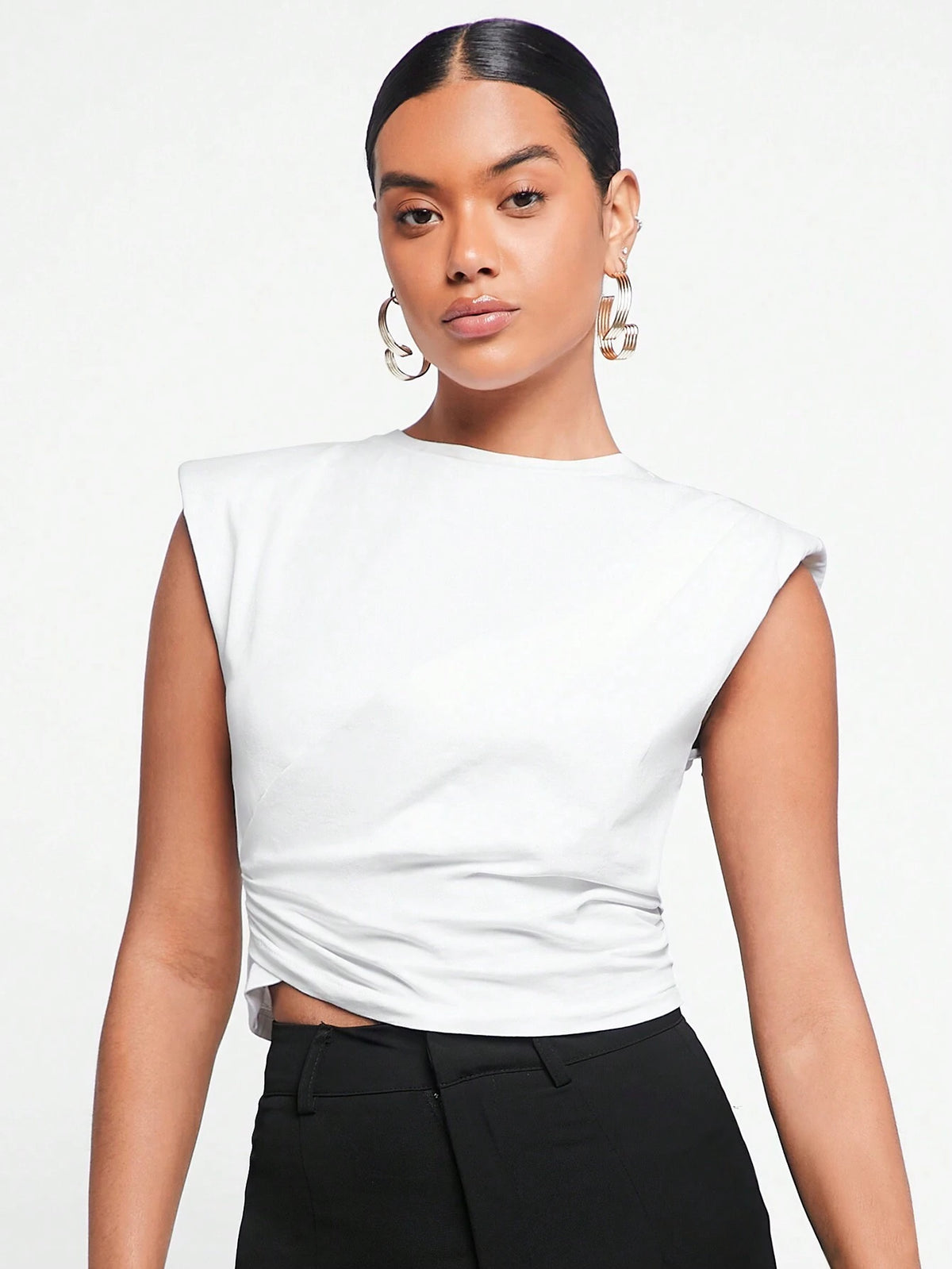 Solid Ruched Side Shoulder Pad Tee