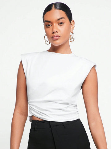 Solid Ruched Side Shoulder Pad Tee