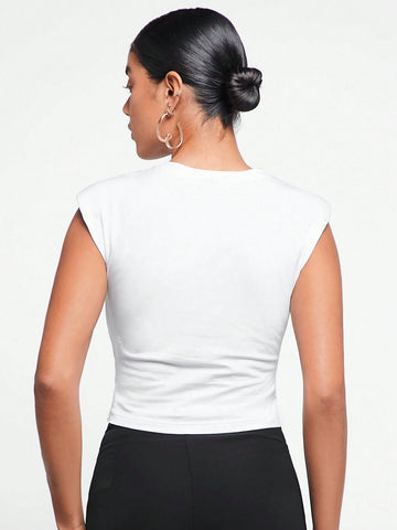 Solid Ruched Side Shoulder Pad Tee