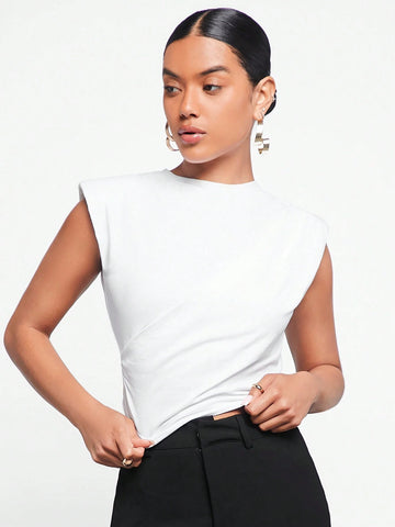 Solid Ruched Side Shoulder Pad Tee