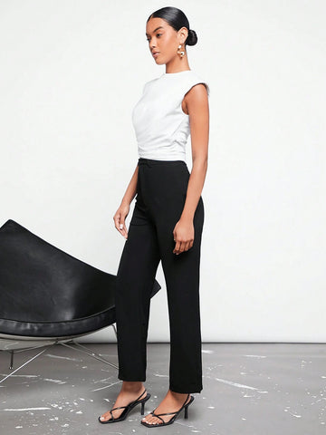 Solid Ruched Side Shoulder Pad Tee