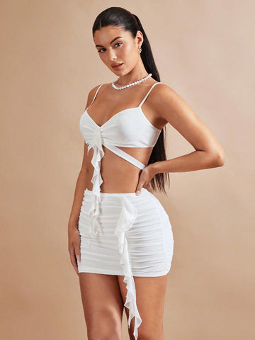 Knot Front Crop Cami Top & Ruffle Trim Bodycon Skirt