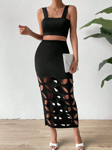 Solid Crop Top & Hollow Out Skirt