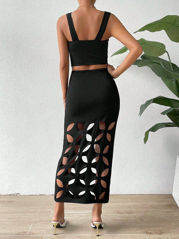 Solid Crop Top & Hollow Out Skirt