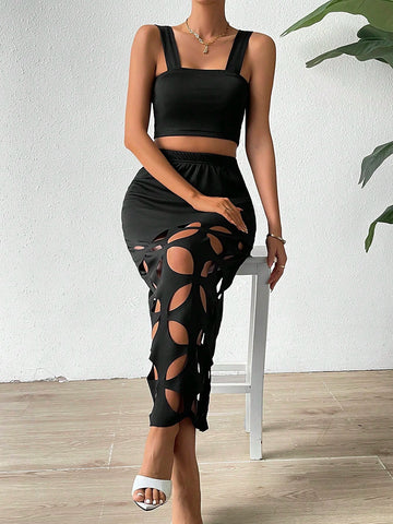 Solid Crop Top & Hollow Out Skirt