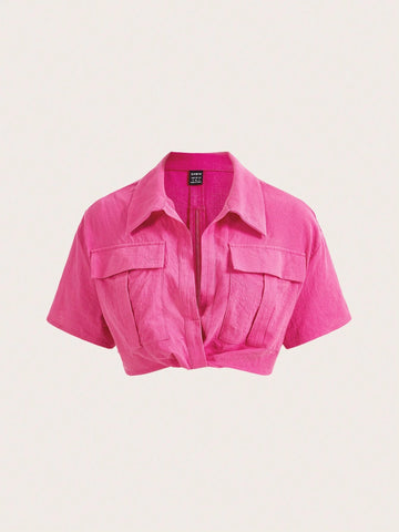 Flap Pocket Drop Shoulder Crop Shirt