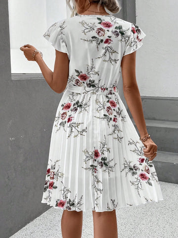 EMERY ROSE Floral Print Butterfly Sleeve Pleated Hem Belted Dress