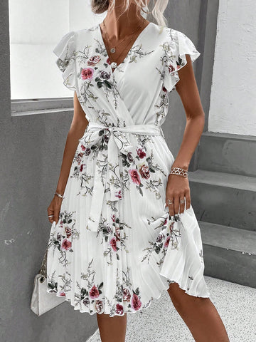 EMERY ROSE Floral Print Butterfly Sleeve Pleated Hem Belted Dress