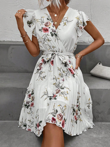 EMERY ROSE Floral Print Butterfly Sleeve Pleated Hem Belted Dress