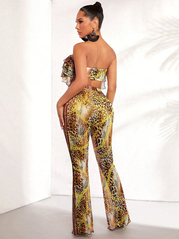 Geo and Leopard Print Layered Ruffle Trim Tube Top & Flare Leg Pants
