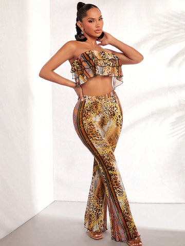 Geo and Leopard Print Layered Ruffle Trim Tube Top & Flare Leg Pants