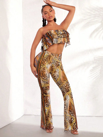 Geo and Leopard Print Layered Ruffle Trim Tube Top & Flare Leg Pants