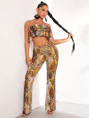 Geo and Leopard Print Layered Ruffle Trim Tube Top & Flare Leg Pants