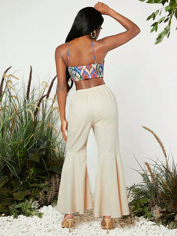 Scarf Print Halter Neck Flare Leg Jumpsuit