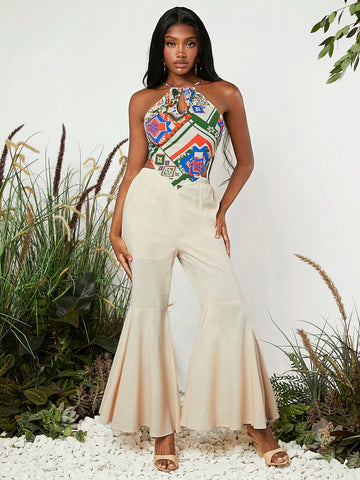 Scarf Print Halter Neck Flare Leg Jumpsuit