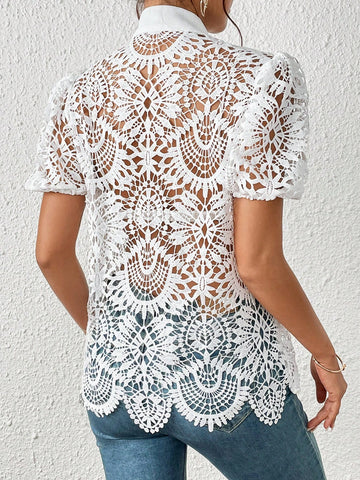 Tie Neck Puff Sleeve Guipure Lace Blouse Without Bra