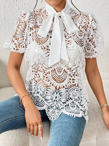 Tie Neck Puff Sleeve Guipure Lace Blouse Without Bra