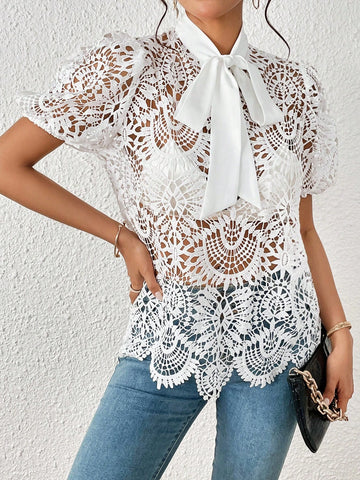 Tie Neck Puff Sleeve Guipure Lace Blouse Without Bra