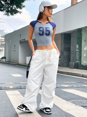 Number Print Notched Neckline Raglan Sleeve Crop Tee