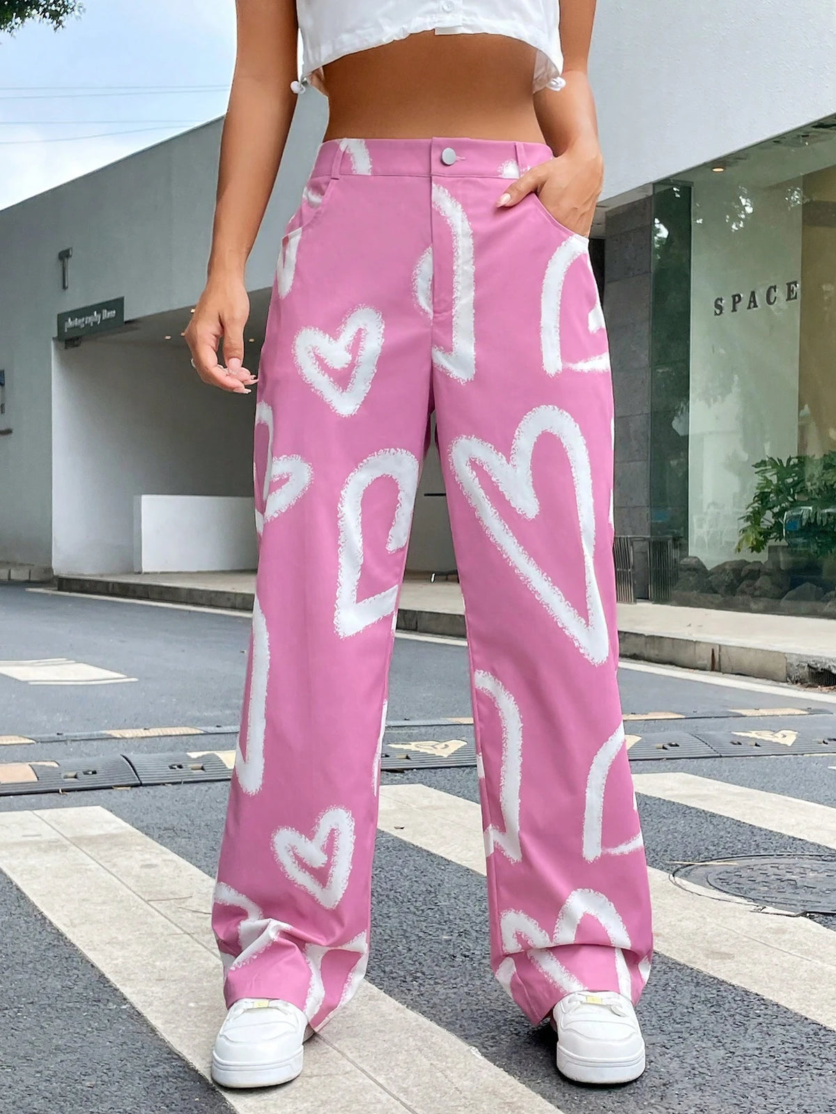 EZwear Heart Print Wide Leg Pants