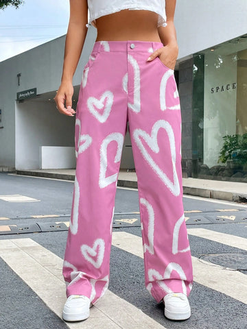 EZwear Heart Print Wide Leg Pants