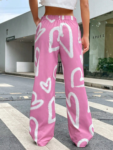 EZwear Heart Print Wide Leg Pants