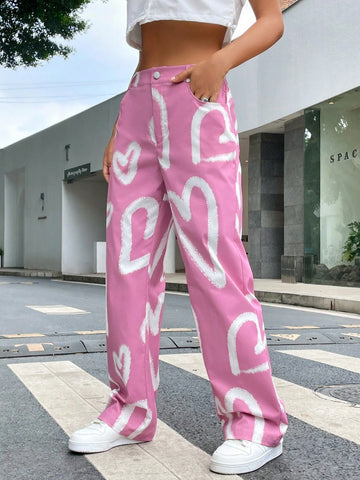 EZwear Heart Print Wide Leg Pants