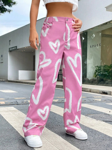 EZwear Heart Print Wide Leg Pants