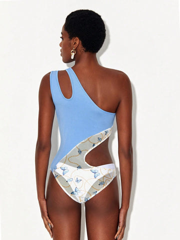 Butterfly and Chain Print Cut Out One Shoulder Bodysuit