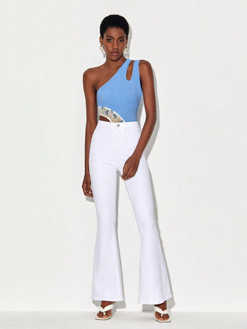 Butterfly and Chain Print Cut Out One Shoulder Bodysuit