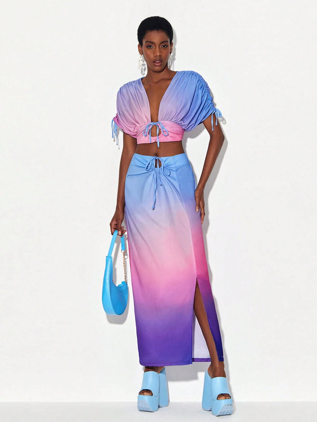 Ombre Drawstring Split Thigh Skirt