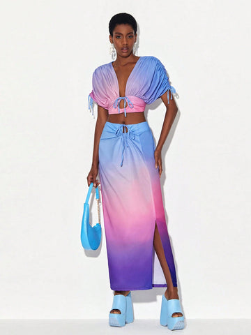 Ombre Drawstring Split Thigh Skirt