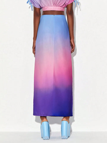 Ombre Drawstring Split Thigh Skirt