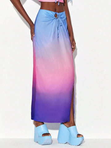 Ombre Drawstring Split Thigh Skirt