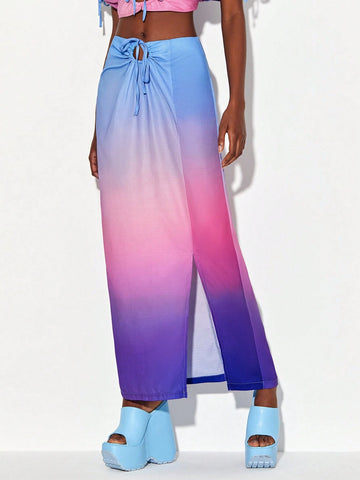 Ombre Drawstring Split Thigh Skirt