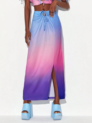Ombre Drawstring Split Thigh Skirt