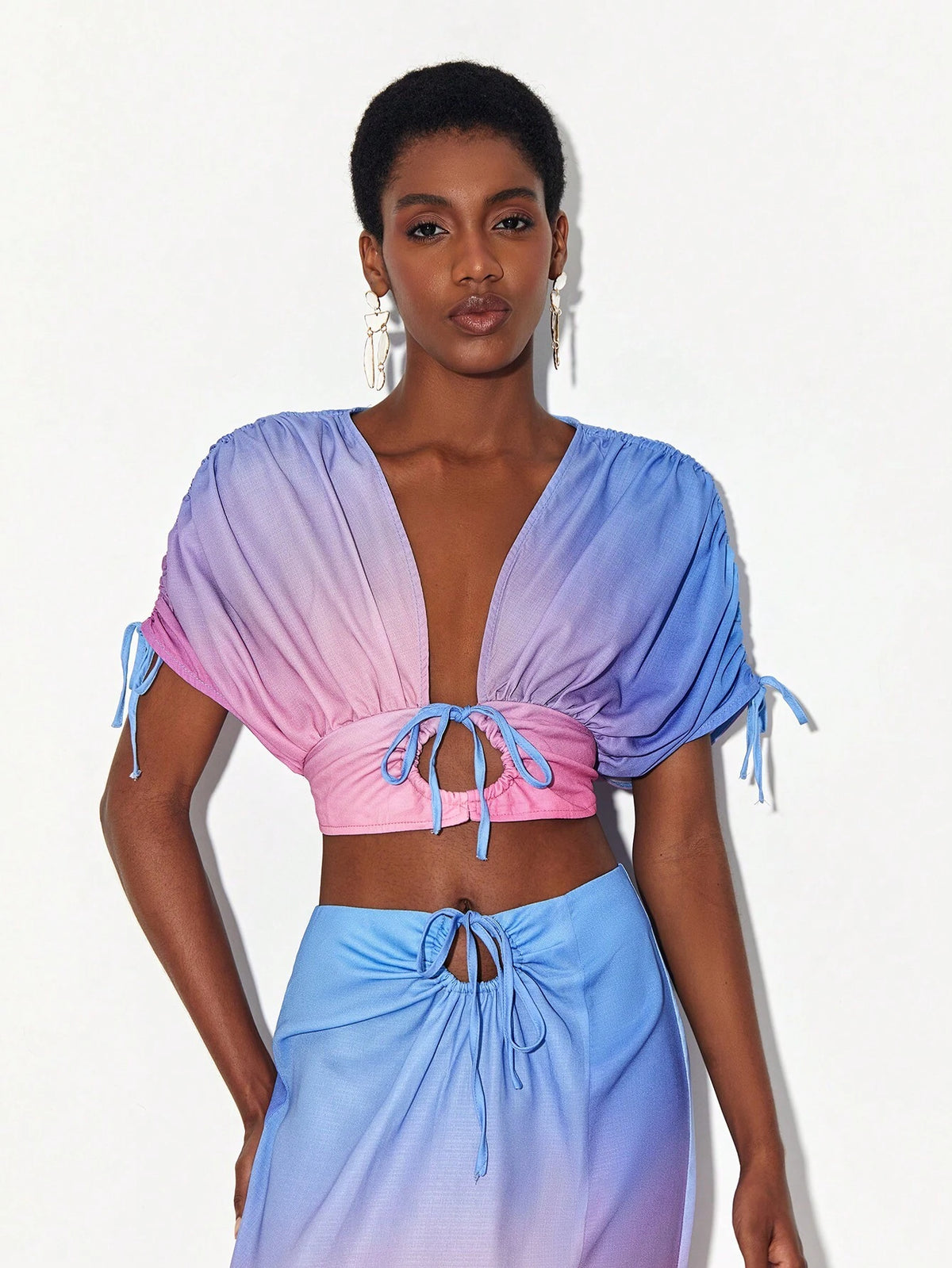 Ombre Drawstring Detail Tie Front Crop Blouse