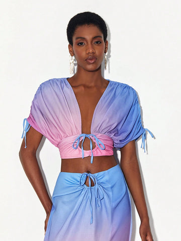 Ombre Drawstring Detail Tie Front Crop Blouse