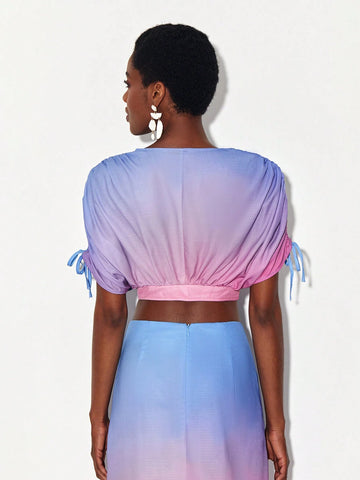 Ombre Drawstring Detail Tie Front Crop Blouse