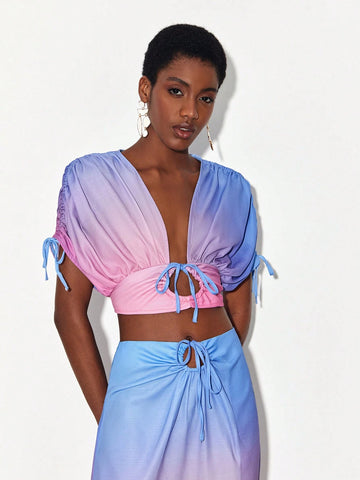 Ombre Drawstring Detail Tie Front Crop Blouse
