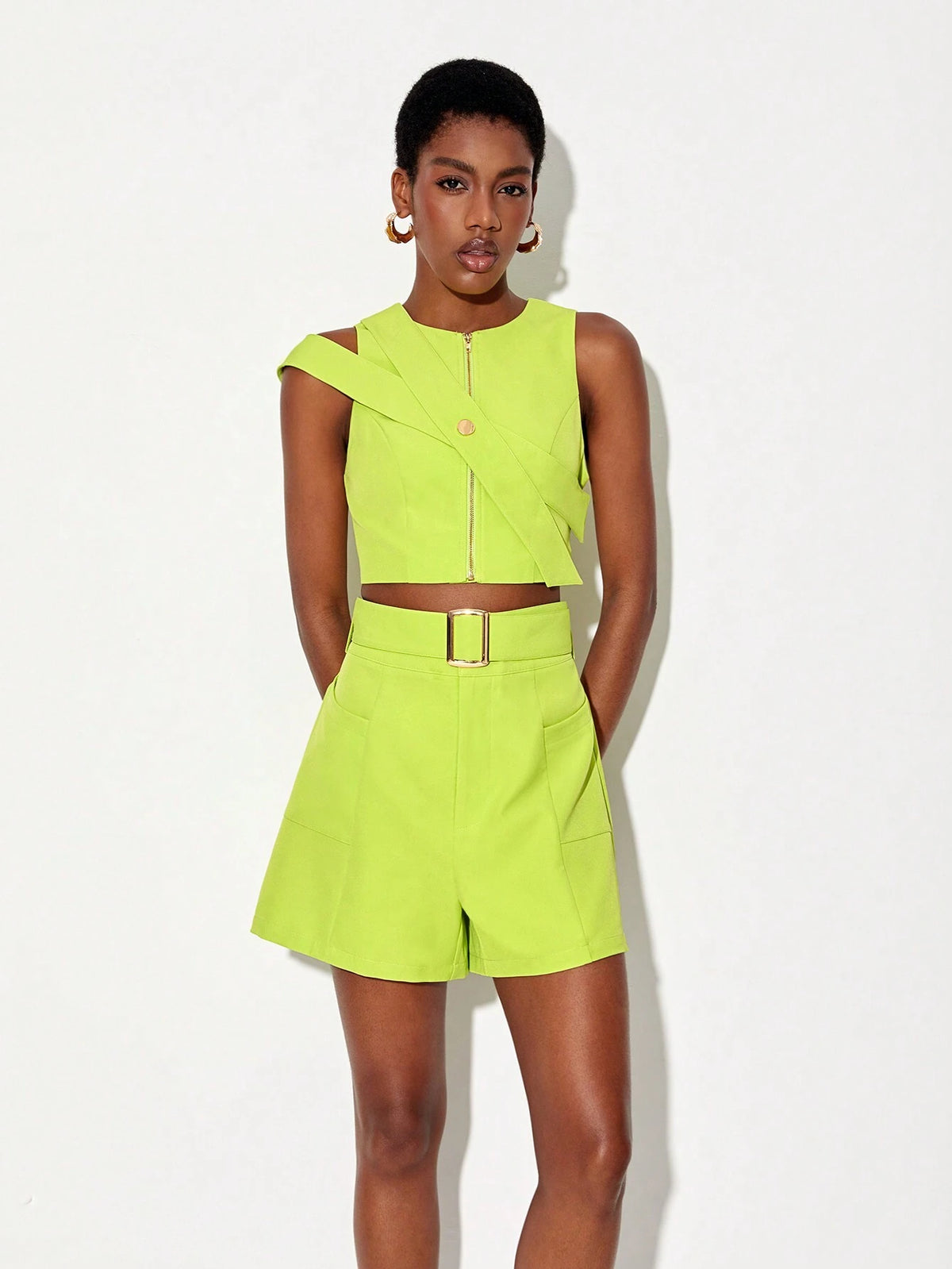 Zip Up Solid Top & Belted Shorts