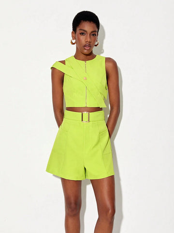 Zip Up Solid Top & Belted Shorts