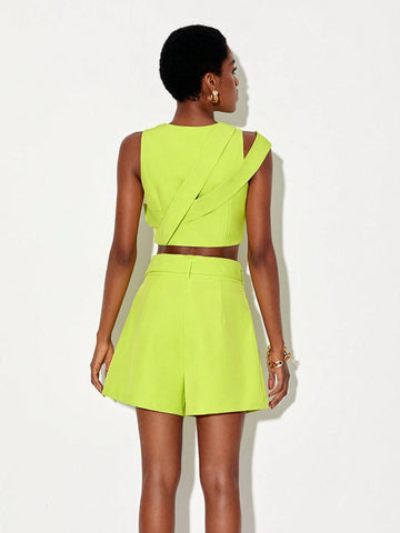 Zip Up Solid Top & Belted Shorts