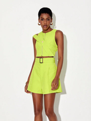 Zip Up Solid Top & Belted Shorts