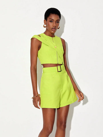 Zip Up Solid Top & Belted Shorts